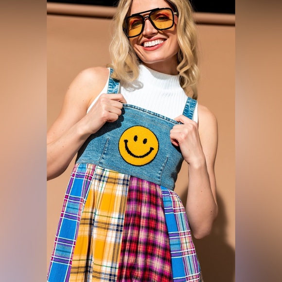 Dressed in Lala Walking On Sunshine Overall Dress NWT Size XL Plaid Panel Denim - Picture 3 of 15